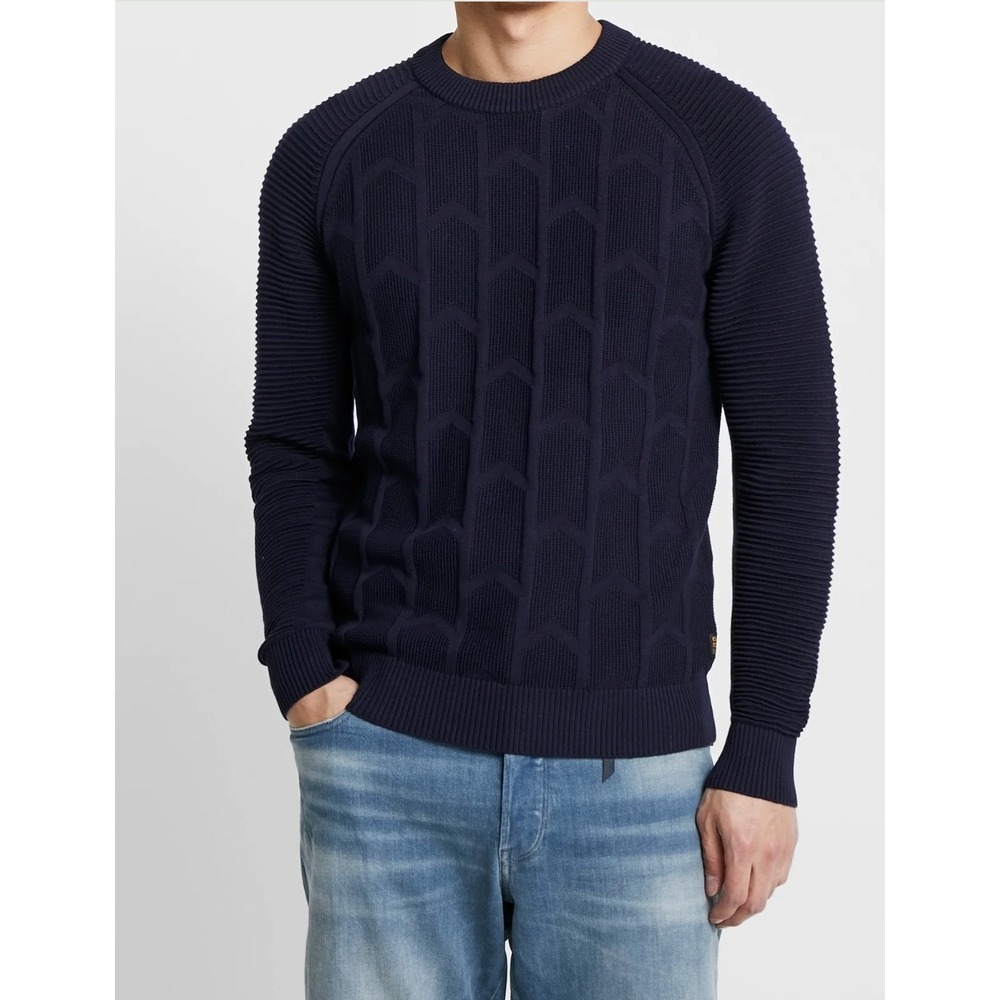 G-Star Raw Ribbed and Paneled Crew Neck Men's Sweater Navy Blue Size Small